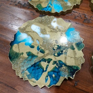 Resin Coasters in Gold & Turquoise, Geode Coasters Set of 2, Agate Coaster, Turquoise Coasters, Handmade Resin Coasters, Resin Art image 7