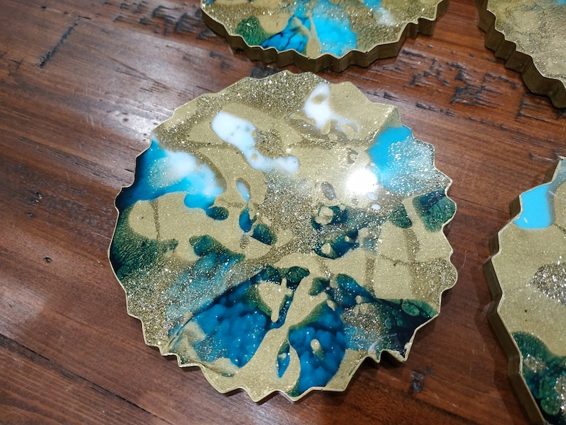 Resin Coasters in Gold & Turquoise, Geode Coasters Set of 2, Agate Coaster, Turquoise Coasters, Handmade Resin Coasters, Resin Art image 7