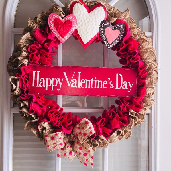 Burlap Valentines Wreath - Valentines Day Door Wreath - Door Decor - Front Door Wreath - Decorated Wreath - Valentines Day - New House Decor