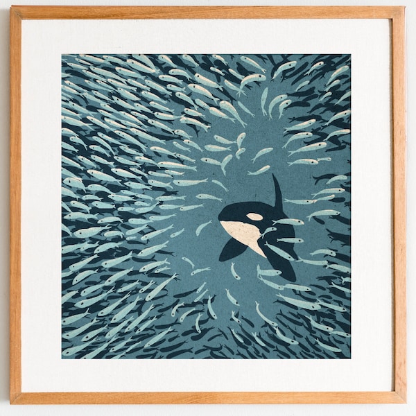 Orca and Herring Ball 40cm art print - Contemporary Killer Whale poster. Norway, fjords, ocean illustration in blue. UK seller