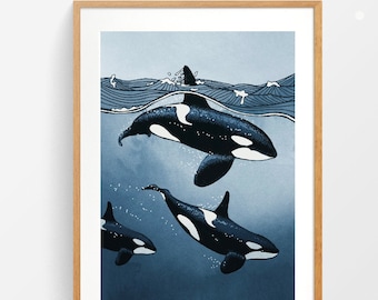 May include: A digital illustration of three orcas swimming in a blue ocean. The orcas are black and white with a white patch on their bellies. The ocean is a gradient of blue, with white waves at the top.