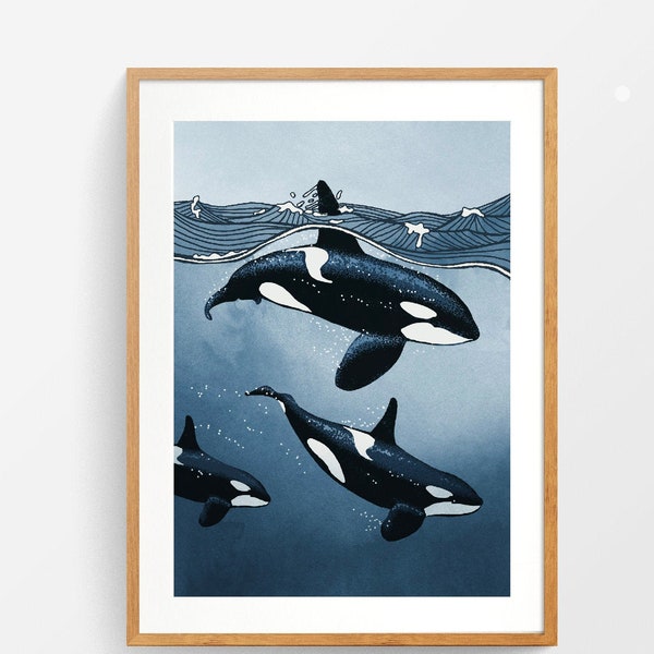Impression de gousses d'orques - affiche d'art illustrée d'épaulards dans un style Aquarelle dessiné à la main