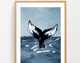 May include: A blue and white whale tail illustration with a watercolor background. The whale tail is black with white spots and is rising out of the water. The water is blue and white and has a wave pattern.
