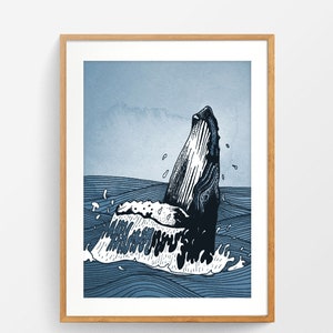 Hump Back Whale breaching the ocean surface - A4 or A3 nautical themed digital print of the sea in blue and black watercolour illustration