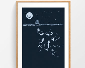 Orca Whale art print in Indigo/teal - Curious night time Killer Whales with tiny boat. Illustrated sea themed wall art. Nautical poster