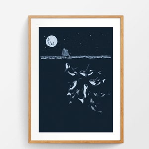 Orca Whale art print in Indigo/teal - Curious night time Killer Whales with tiny boat. Illustrated sea themed wall art. Nautical poster