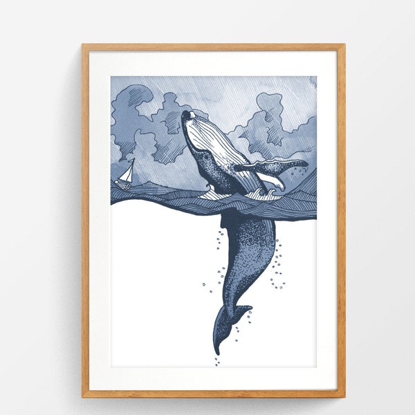 Whale Print - Hump Back breaching in Stormy Sea with boat from watercolour illustration. Cetacean, humpback whale, sea, ocean. Made in UK