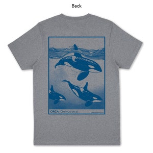 Orca Pod T-shirt. Organic cotton tee, screen printed killer whale illustration on both sides. Ocean lover gift Unisex & Women&#39;s size in grey