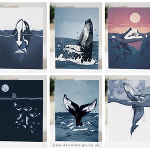 6 x wenskaarten met walvisthema: A6-groet, verjaardag, kerstkaarten, multipack oceaankunst, zee, orka, bultrug, boot, orka