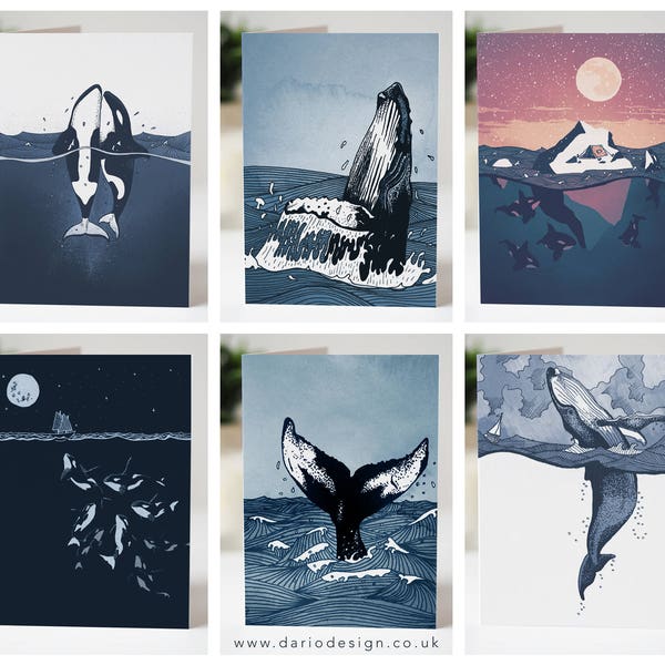 6 x Whale themed Greetings cards - A6  Greeting, birthday, christmas cards, multipack ocean art, sea, killer whale, humpback, boat, orca