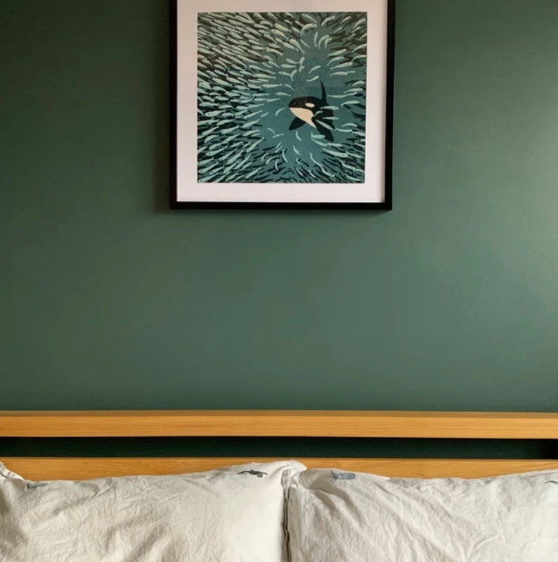 Orca and Herring Ball 40cm art print Contemporary Killer Whale poster. Norway, fjords, ocean illustration in blue. UK seller image 4