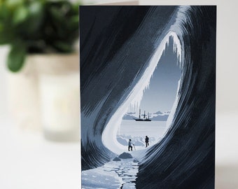 A6 Greeting Card - Ice Grotto & Terra Nova 1911. Arctic/Antarctic Polar themed illustrated card with blue envelope, blank inside