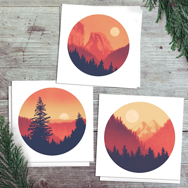 x3 Pack California Greeting Cards - Yosemite, Redwood and Olympic National Park sunset themed greetings cards, 145mm square in red and blue