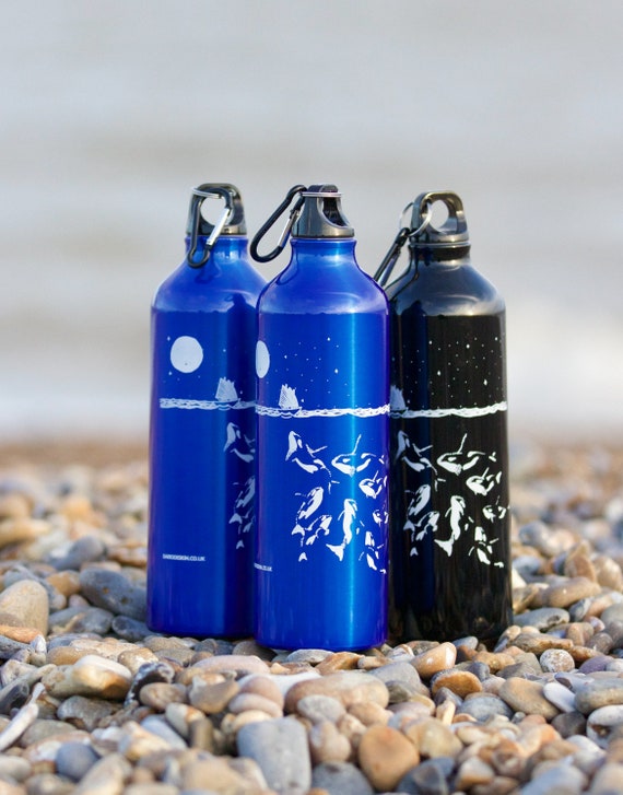 Orca Water Bottle Aluminium Water Flask With Screen Printed Orca Pod  Illustration. Sustainable Ocean Gift in Black or Blue 