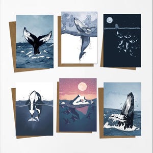 6 x Whale themed Greetings cards - A6  Greeting, birthday, christmas cards, multipack ocean art, sea, killer whale, humpback, boat, orca