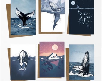 Whale Art Greetings Cards: Ocean Sea Life, Set of 6