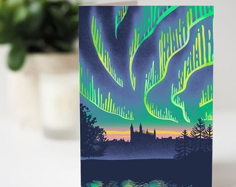 Cambridge Aurora - A6 Greeting Card 2x pack. Northern Lights themed illustrated card with brown envelope.