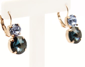 Blue dangle drop crystal earrings-Swarovski crystal elements earrings-leverback earrings-sapphire blue earrings-lightweight dangle earrings