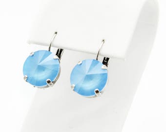 Light Blue Swarovski Crystal Lightweight Dangle Earrings-Silver Blue Crystal Lever Back Drop Earrings