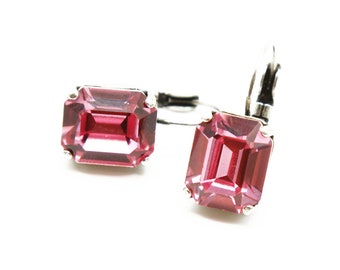 Pink crystal dangle earrings- Swarovski crystal elements drop earrings- Emerald cut solitaire dangle earrings