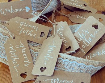 Handwritten kraft heart luggage tag place cards - calligraphy