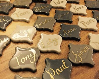 Ceramic arabesque calligraphy handwritten place settings name favours - wedding / escort cards (sample - grey)