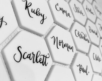 Ceramic hexagon calligraphy handwritten place settings name favours - wedding / escort cards (sample)
