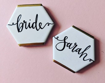 Ceramic hexagonal calligraphy handwritten place settings name favours - wedding / escort cards (sample)