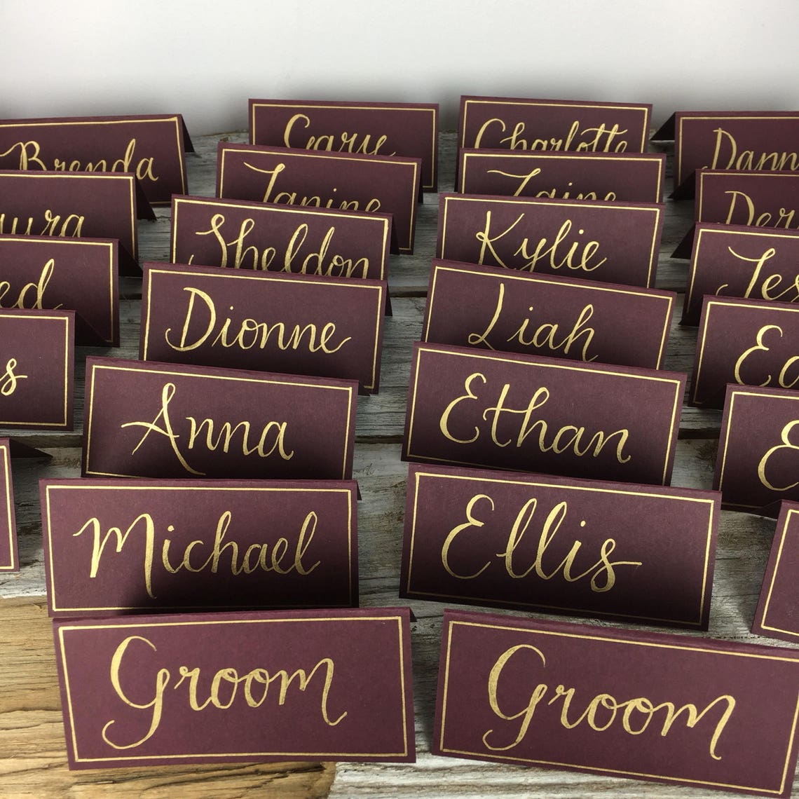 Handwritten Burgundy and Gold Place Cards Calligraphy Etsy