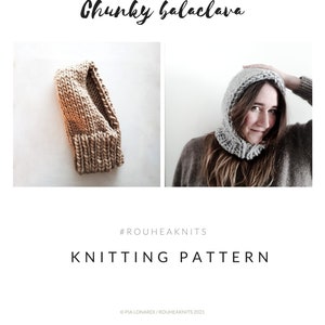 May include: Knitting pattern for a chunky balaclava, featuring two images of the finished product. The first image shows the balaclava laid flat, while the second image shows a person wearing the balaclava. The pattern is available for download on Etsy.