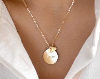 YARA Personalized Disk & Tiny Heart Necklace • Kids Initials • Gift For Mom • Initial Jewelry • Gold Disk Necklace • Dainty Necklace •Silver