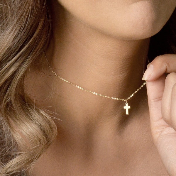 BLESSED 14K Solid Gold Tiny Cross Necklace • Gold Cross Necklace • Cross Necklace • Dainty Necklace • Dainty Cross Necklace • Small Cross