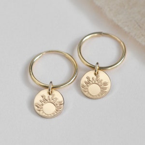 INDIRA 14K Solid Gold Sun Earrings • Gold Hoops • Celestial Earrings • Gold Hoop Earrings •Tiny Hoop Earrings•Small Sun Earrings•Sun Pendant