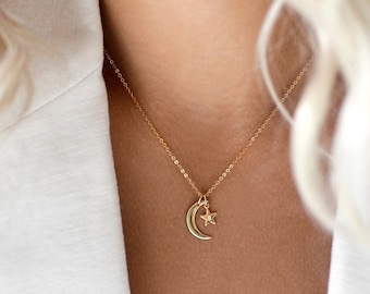 SKY 14K Gold Personalized Moon & Stars Necklace • Initial Necklace • Celestial • Delicate Initial necklace•Tiny Necklace•Charm Necklace•Gift