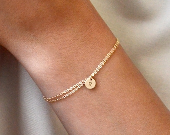 ZOLA 14K Solid Gold Dainty Chain Bracelet • Initial Charm Bracelet • Personalized Wrap Bracelet • Tiny Personalized Disk • Tiny Circle Tag