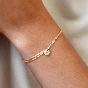 ZOLA 14K Solid Gold Dainty Chain Bracelet • Initial Charm Bracelet • Personalized Wrap Bracelet • Tiny Personalized Disk • Tiny Circle Tag