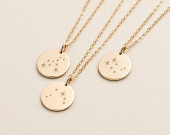 STELLAR 14K Solid Gold Astrology Sign Necklace • Constellation Disk Necklace • Zodiac Sign Necklace • Dainty Necklace • Simple Gold Necklace