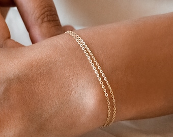 Pulsera de oro macizo GIA de 14 quilates • Pulsera de cadena básica doble • Pulsera delicada • Pulsera de cadena simple • Pulsera de cadena fina • Pulsera delicada