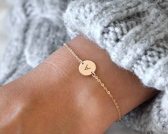 POISE 14K Solid Gold Initial Bracelet • Dainty Initial Bracelet • Delicate Bracelet • Personalized Small Disk Bracelet • Rose Gold•Gold Fill