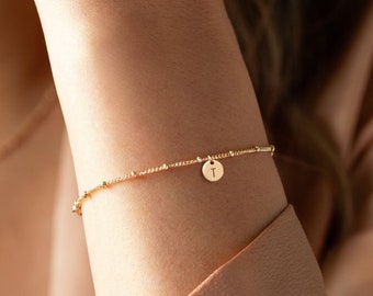 NOVA 14K Gold Filled Dainty Chain Bracelet • Initial Charm Bracelet • Personalized Bead Bracelet • Tiny Personalized Disk • Tiny Circle Tag