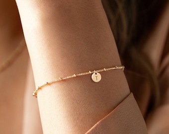 NOVA 14K Gold Filled Dainty Chain Bracelet • Initial Charm Bracelet • Personalized Bead Bracelet • Tiny Personalized Disk • Tiny Circle Tag