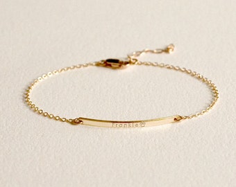 BELLA 14K Solid Gold Ultra Dainty Bar Bracelet • Simple Narrow Bar • Personalized Initial Bracelet • Name • Roman Numerals • Dates•Gold•Gift