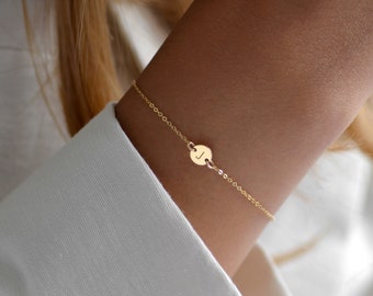 AKELA 14K Solid Gold Initial Bracelet • Dainty Initial Bracelet • Delicate Bracelet • Personalized Tiny Disk Bracelet • Rose Gold •Gold Fill