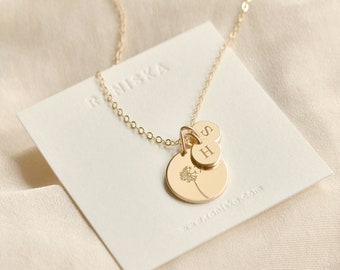 AVA 14K Solid Gold Personalized Disk Necklace • Tiny Initial Tags • Initial Disk Necklace • Small Letter Necklace • Dainty Letter Necklace