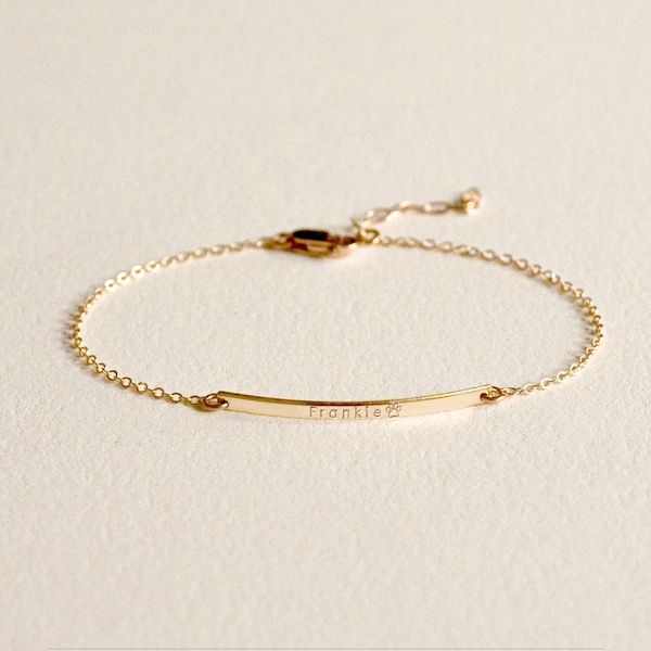 BELLA 14K Solid Gold Ultra Dainty Bar Bracelet • Simple Narrow Bar • Personalized Initial Bracelet • Name • Roman Numerals • Dates•Gold•Gift