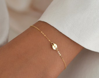 AKELA 14K Solid Gold Initial Bracelet • Dainty Initial Bracelet • Delicate Bracelet • Personalized Tiny Disk Bracelet • Rose Gold •Gold Fill