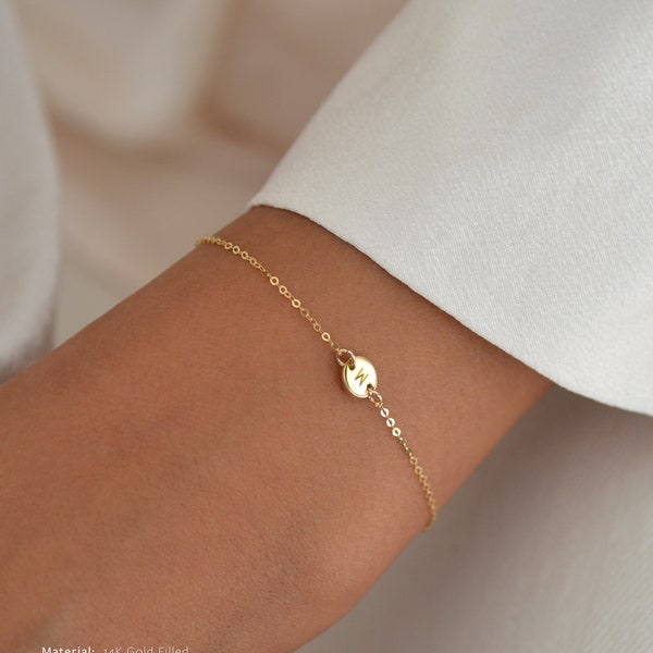 AKELA 14K Solid Gold Initial Bracelet • Dainty Initial Bracelet • Delicate Bracelet • Personalized Tiny Disk Bracelet • Rose Gold •Gold Fill