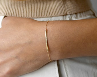 BELLA 14K Solid Gold Ultra Dainty Bar Bracelet • Simple Narrow Bar • Personalized Initial Bracelet • Name • Roman Numerals • Dates•Gold•Gift
