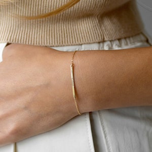 BELLA 14K Solid Gold Ultra Dainty Bar Bracelet • Simple Narrow Bar • Personalized Initial Bracelet • Name • Roman Numerals • Dates•Gold•Gift