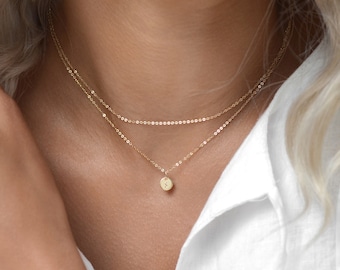 MONA 2 in 1 Tiny Initial Disc Necklace • Dainty Necklace • Simple Everyday Necklace•Layering Chains•Delicate Necklace•14K Gold Filled•Silver